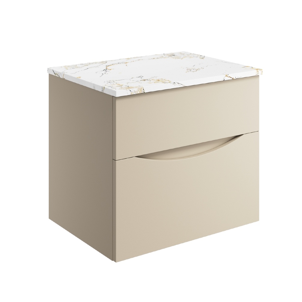 Product Cut out image of the Crosswater Glide II Warm Stone 600mm Double Drawer Unit with Gold Vein Worktop